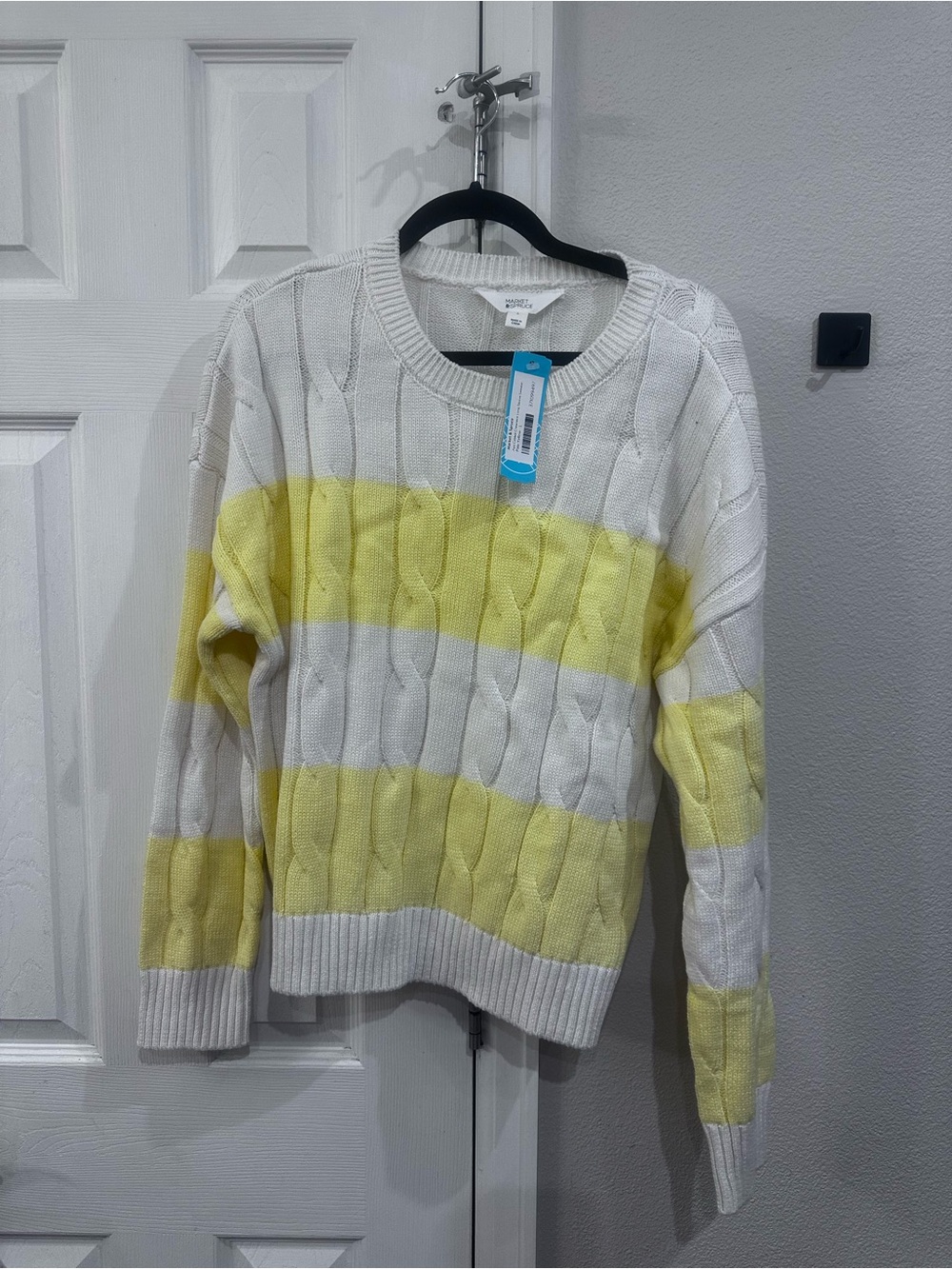 Market & Spruce White and Yellow Striped Cable Knit Sweater